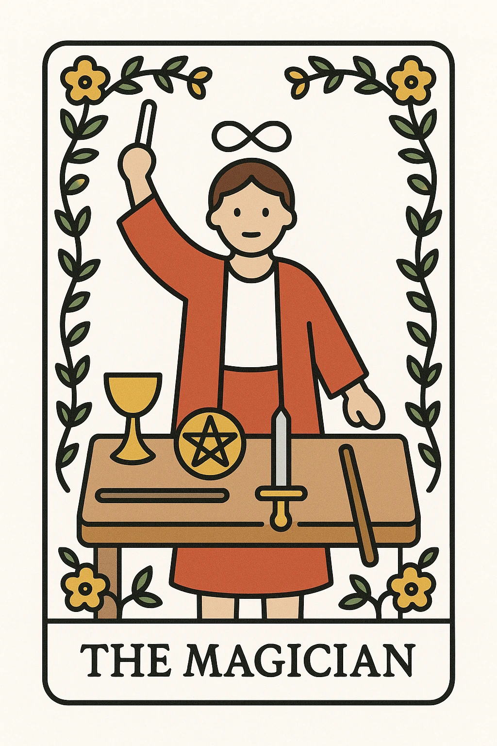 Simplified emoji of The Magician tarot card inspired by Rider Waite Smith, showing a magician with a wand, table with symbols, floral border, classic tarot card style, white background emoji