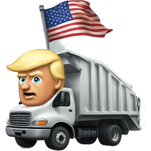 Donald Trump flying the American flag driving a garbage truck emoji