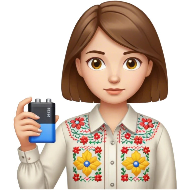 A Ukrainian girl with brown hair in an embroidered shirt holds a battery emoji