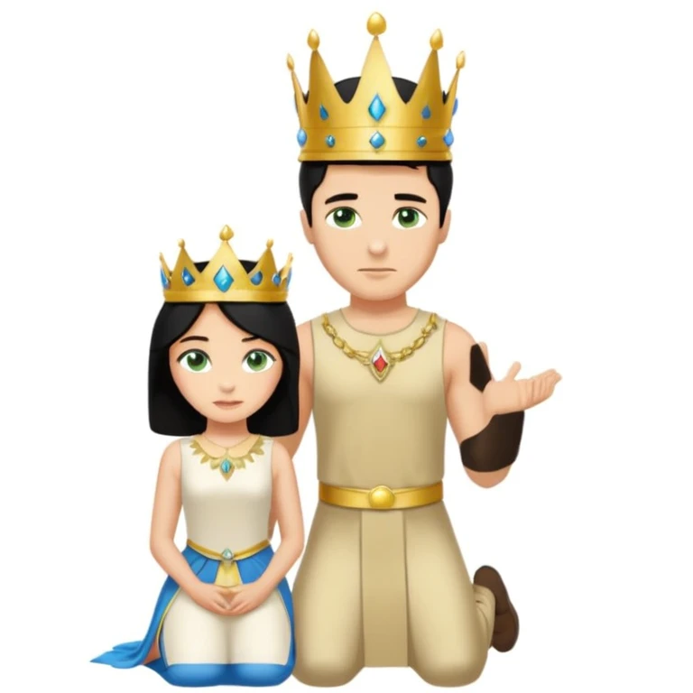 Man as king, standing, black Hair, blue eyes, simple woman, blonde, green eyes, shott white sleveless Dress, kneeling, background palace emoji