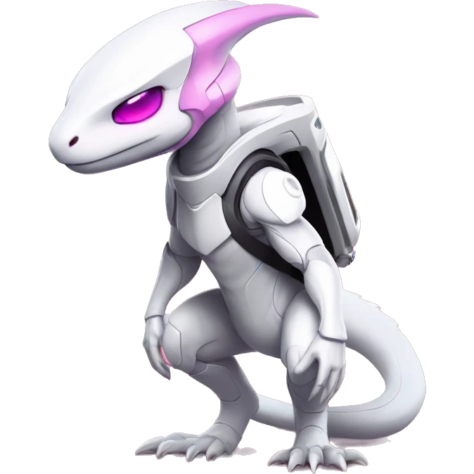 White Lizard-Reptile-Raptor-Alien-Genesect-Mewtwo-Fakémon, with pink eyes, with a futuristic visor-helmet, wearing a techwear-suit, Full Body emoji
