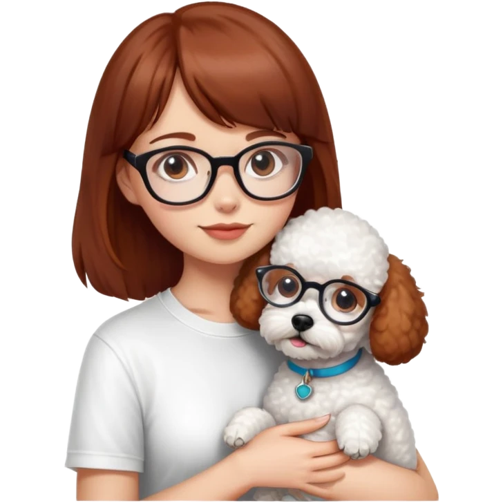 Mahogany haired girl with bangs, white glasses and a white t-shirt hugging a toy poodle dog emoji