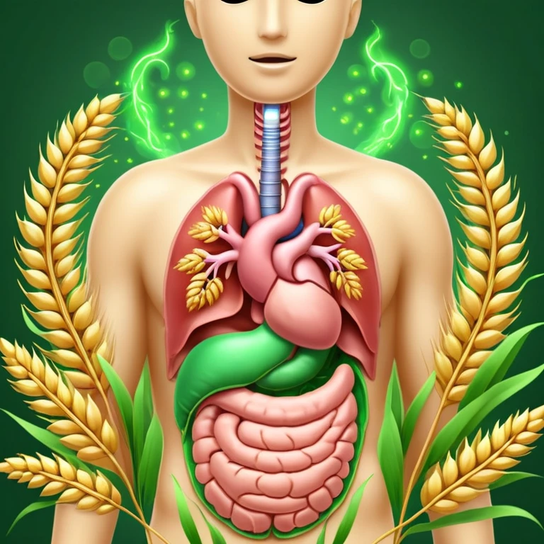 Human digestive system with esophagus, stomach, intestines, and colon highlighted, surrounded by golden wheat ears and green leaves, with glowing healing particles flowing through the digestive tract, creating a purifying effect emoji