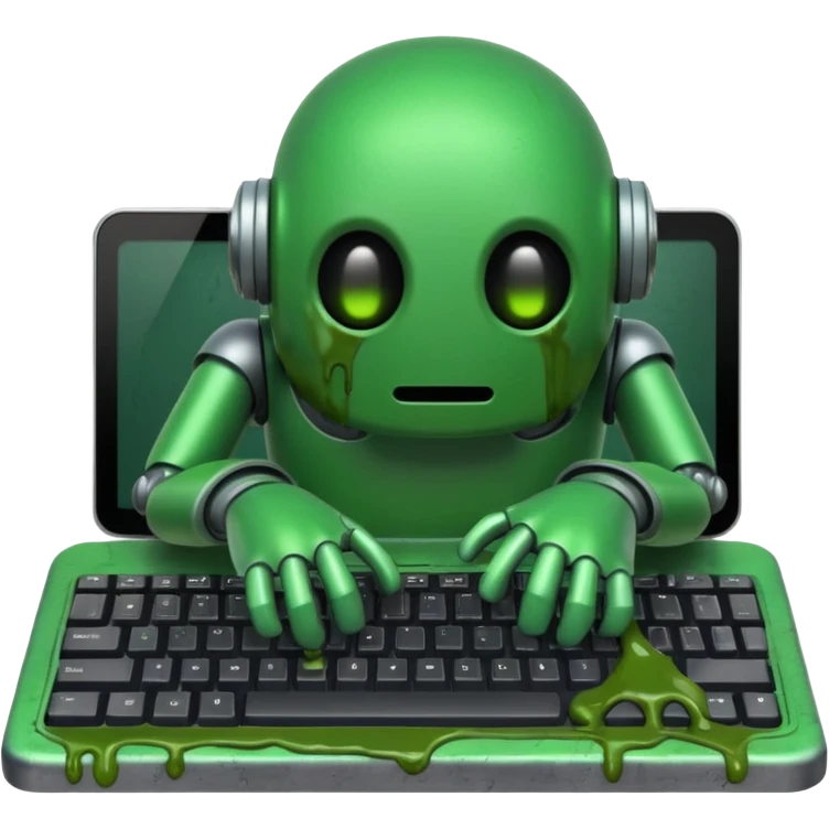 An emoji of a green robot melting away covered in thick green sludge sad and depressed, crawling out of a keyboard.  emoji