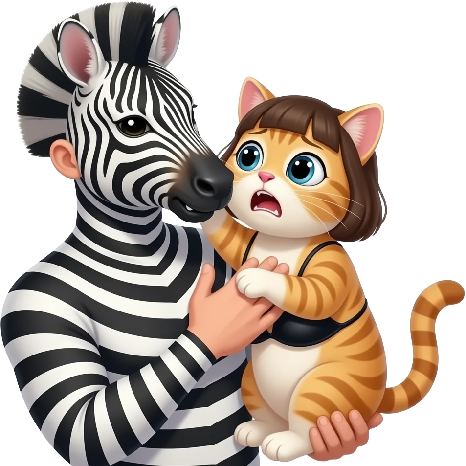 human zebra male biting the cat human chest. a human girl cat wearing black bikini and a short hair. make the cat scared emoji