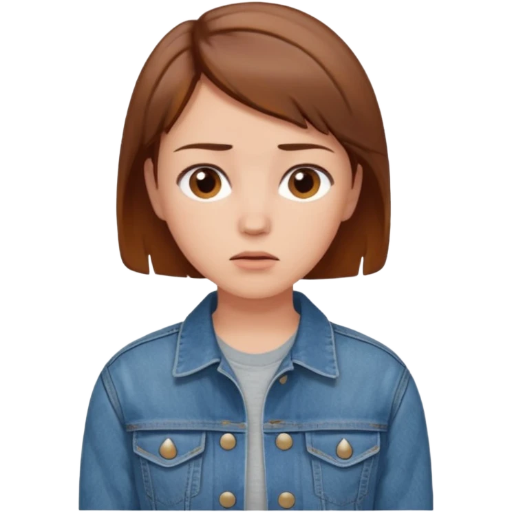 a woman with a brown short hair, looking at the left, worried, wearing a denim jacket, only upper body, high quality emoji