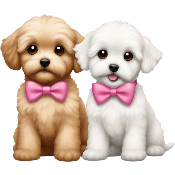 2 maltipoo puppies one golden red colored and one brown colored both with pink bows emoji