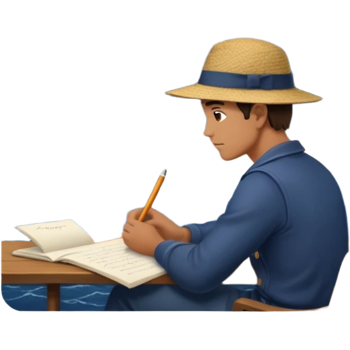 Mans op heuvel aan hetschrijven, terwijl overkant meer varen in midden van storm emoji