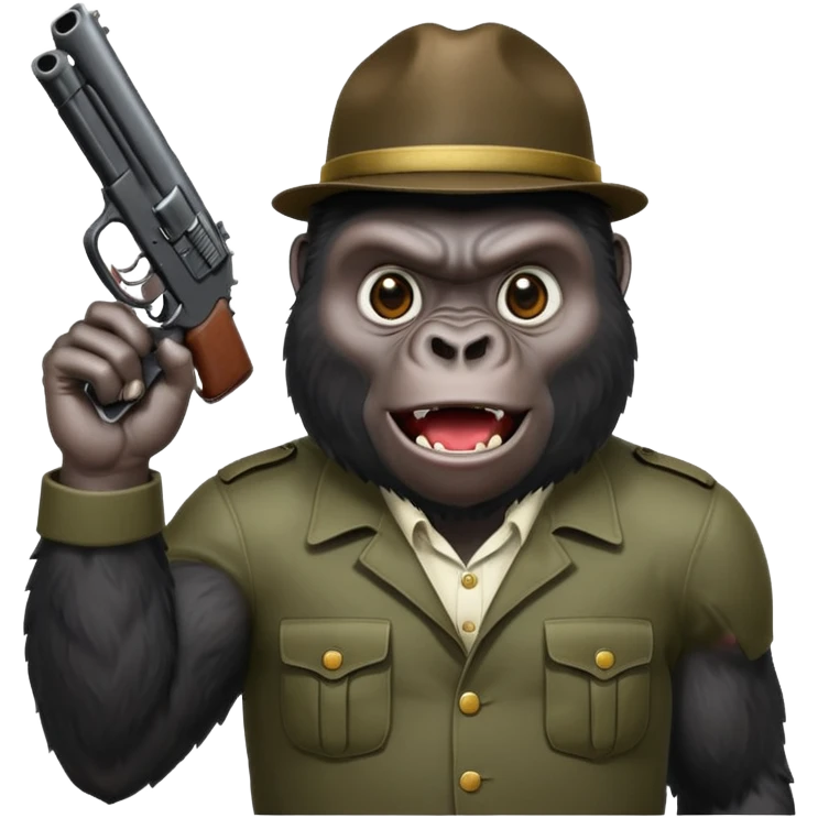 A gorilla holding a gun in the air making a silly face emoji