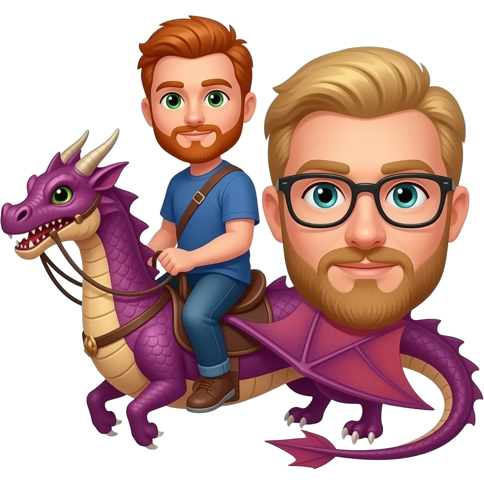 man with short red hair and green eyes, short beard with his partner who has blond hair and short beard, more oval shape head and wears glasses,riding a dragon emoji