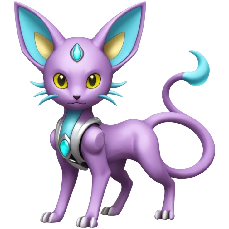 Mechanical Miraidon-Espeon-Mewtwo-Fakémon-hybrid-creature (full body)  with yellow eyes and cyan markings emoji