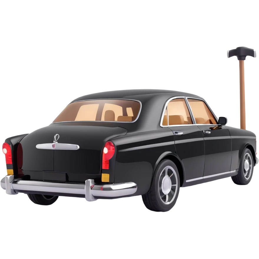 luxury black car resembling Porsche or BMW, with a hammer and a rod forming an X, floating and touching the rear right corner of the car's bodywork, a long rectangular reflection lamp illuminating the upper part of the door, elegant and modern emoji