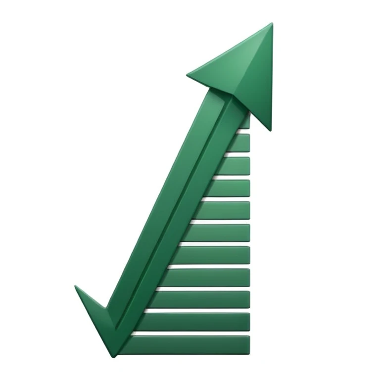 growth chart with white bars with dark green shadows and details, dark green arrow, minimalism, iOS emoji style, no smileys or faces, white background emoji