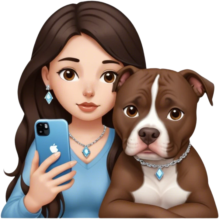 ￼ a young girl with long dark brown hair cascading down her face. It’s with her phone in her hands, sitting next to her pitbull with a small diamond nose ring in her nose. emoji