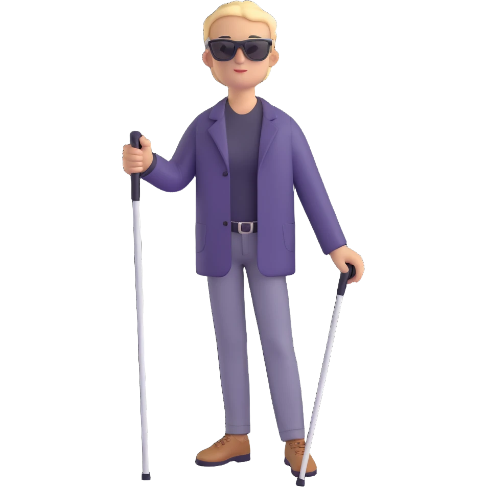 A blind person walking with a white cane, wearing sunglasses, outdoors, daytime. Focus on the cane and posture that indicates visual impairment. emoji
