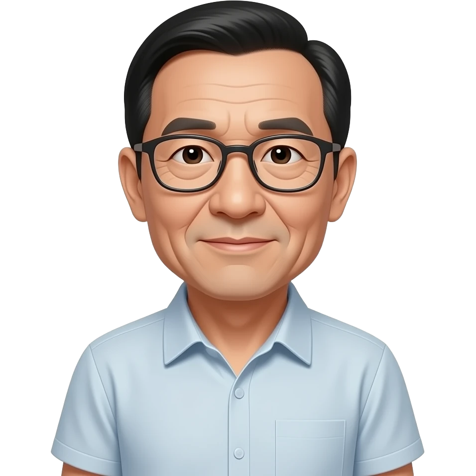 Chinese 75 years old with thin black hair parted on left side with glasses no facial hair rounder face wearing a short shirt emoji