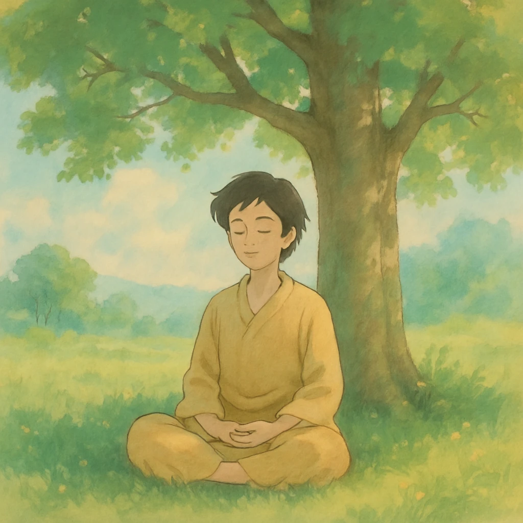 inner peace as a serene person meditating under a tree, soft colors, ghibli style emoji