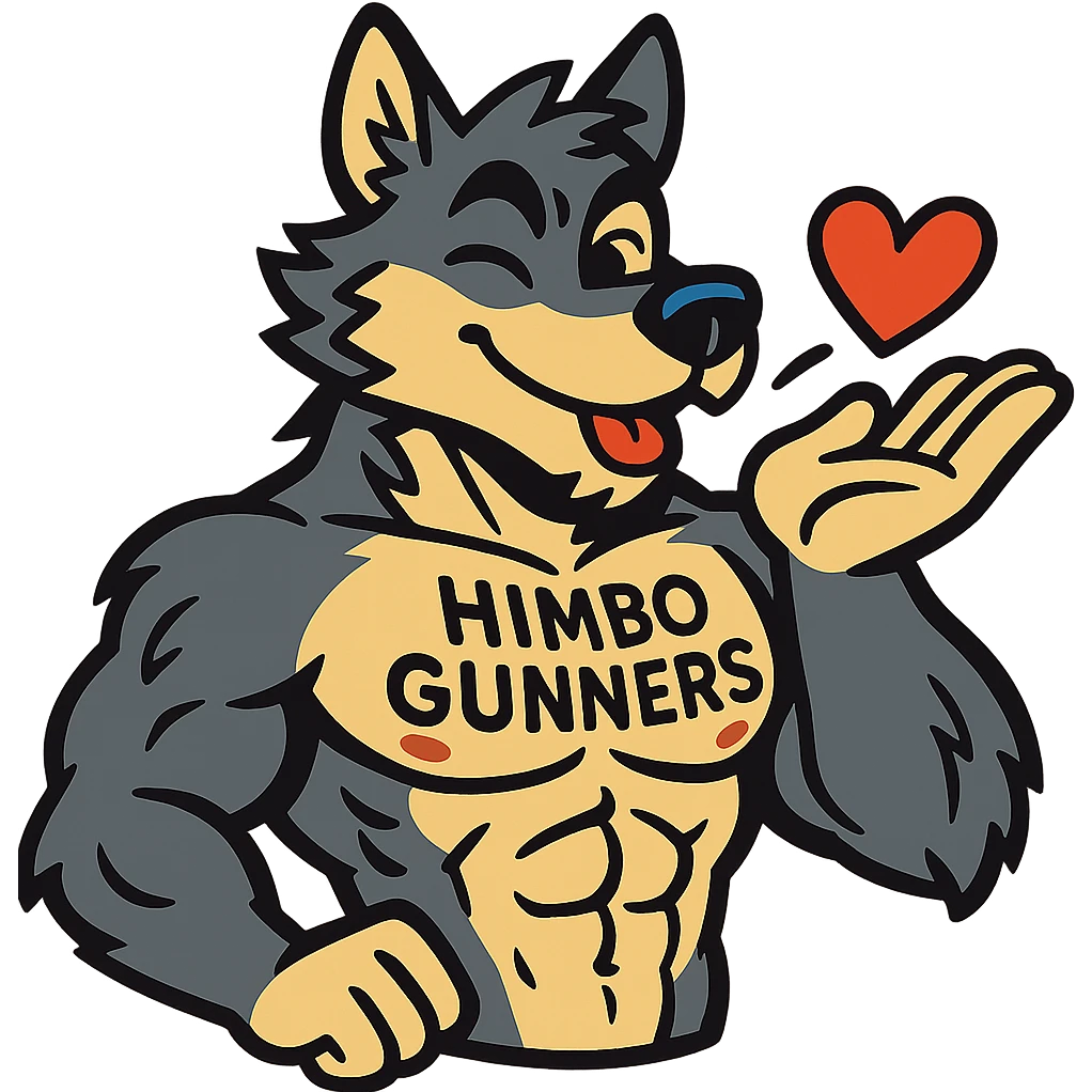 muscular wolf furry, shirtless, with 'Himbo Gunners' tattooed on his chest, blowing a kiss and winking, confident and fun, detailed fur and anatomy, ultra high quality emoji