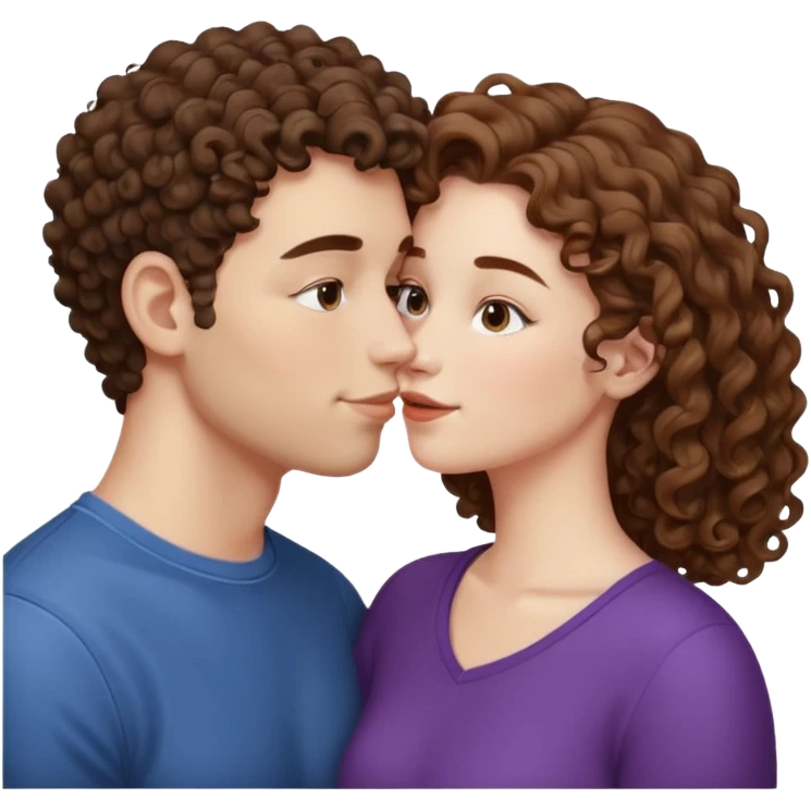 A couple kissing, the man would be white-skinned, mid fade-curly, brown-hair. The serious woman with white skin, brown color emoji