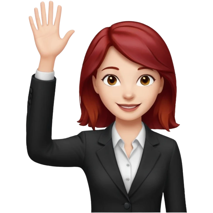 reate Emoji of white girl with bussines outfit is waveing with one hand and make her hair stronger dark red color please emoji
