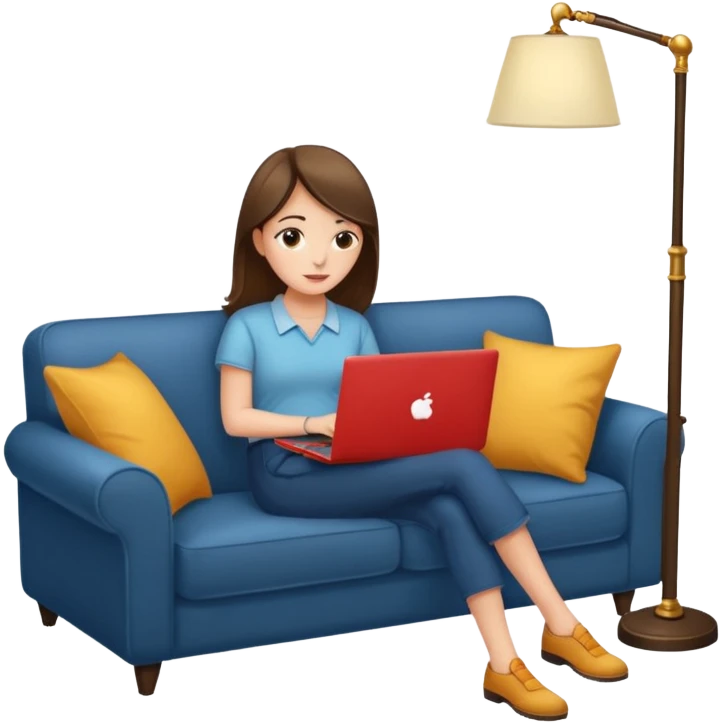 A girl is working with a laptop while lying on a sofa, with a floor lamp to the right. emoji