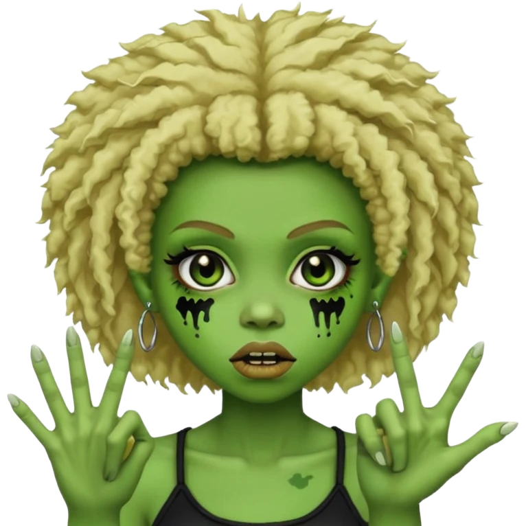 girl, green zombie,blonde afro, medium long, shaggy, dark, spooky,double eyebrow dermal piercing, two fingers up emoji