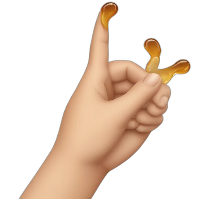 una mano con el dedo de en medio estirado y manchado de un liquido marrón y el resto de dedos encogidos emoji