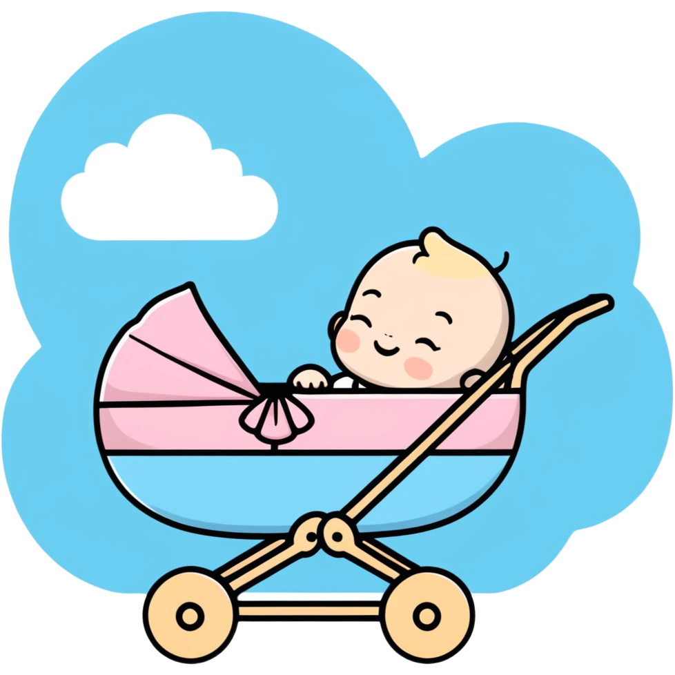 peaceful sleeping baby with closed eyes in pink and beige stroller with pastel blue clouds decoration emoji