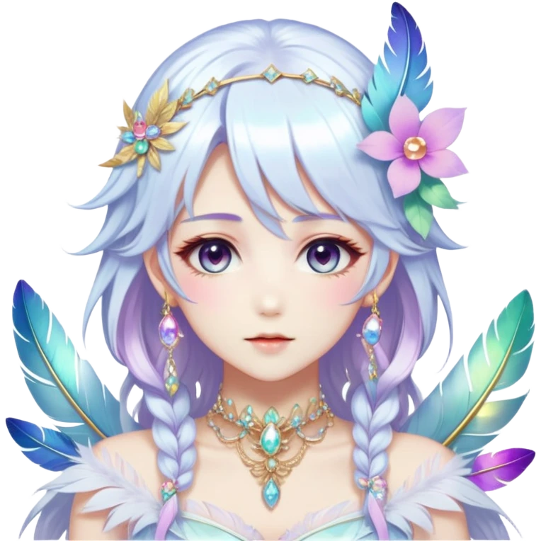Beautiful gorgeous anime lady with beautiful iridescent-white-special-hair, fashion aesthetic, ethereal, fairycore, pastelcore, feather, flower, gems, accessories, jewelries, gold, colorful emoji