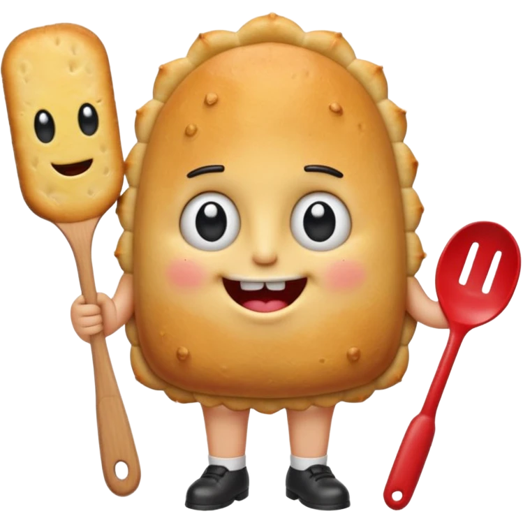 cute empanada emoji, golden brown with crimped edge, big sparkling eyes, two square teeth, blushing cheeks + freckles, red tie, holding spatula, short chubby arms and legs, thick black outline, SpongeBob + Adventure Time style, transparent background emoji