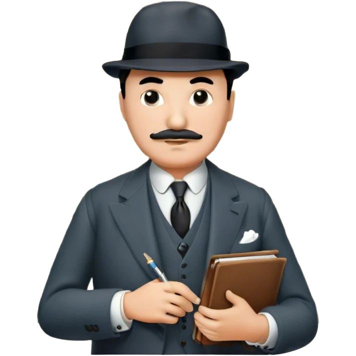 A cinematic-style frame showing Hercule Poirot in his iconic suit with a notebook in a dramatic detective pose. Background should be mysterious city, map, a board with photos of suspects, clues like fingerprints. Transparent background. emoji