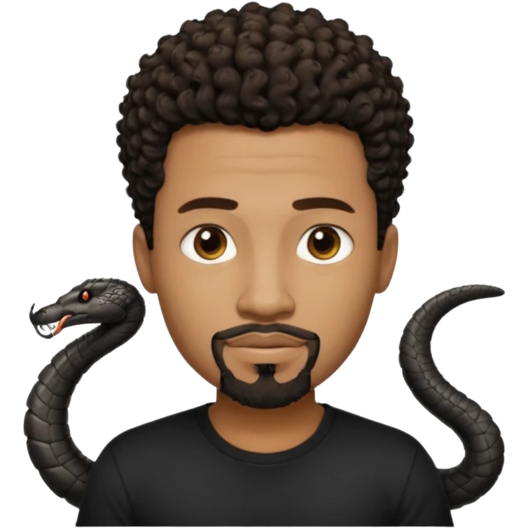 Homme noir, yeux marron avec un bouc sans la moustache, cheveux noir court et bouclé crépus avec un dégradé sur le côté, avec un cobra à côté , t-shirt noir  emoji