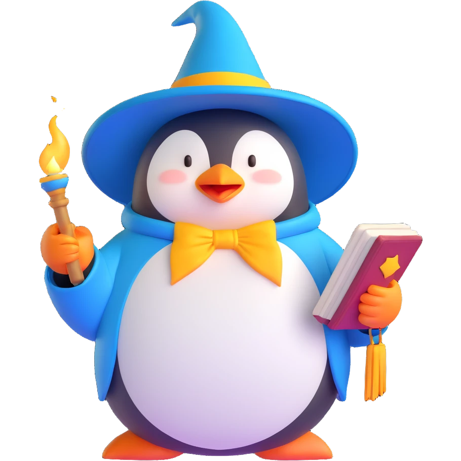 chubby penguin in wizard attire, holding an open spellbook, magical aura around, 3D emoji style emoji