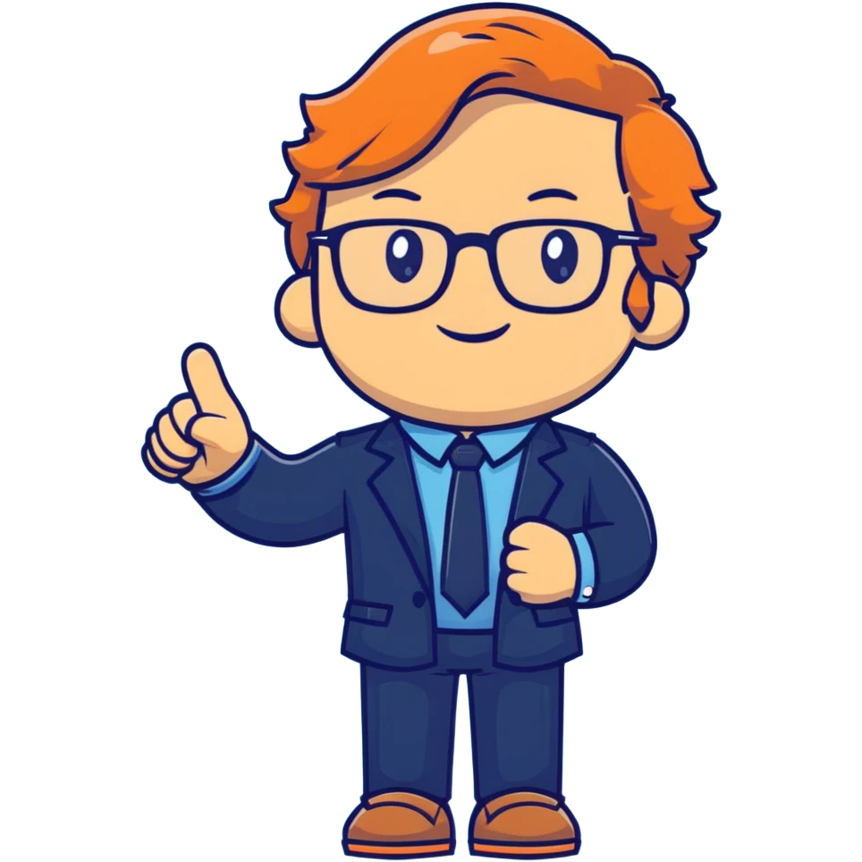 Professional economics channel mascot with shoulder-length wavy light brown hair, rectangular glasses, navy blazer, light blue shirt, empty hands, confident stance emoji