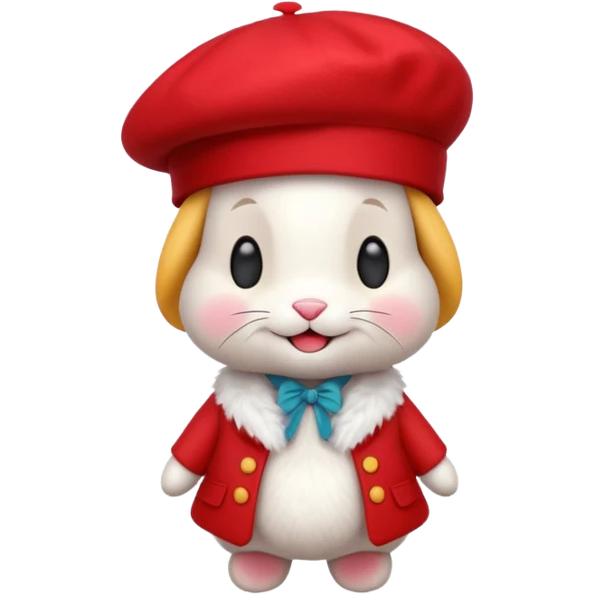 A cute full-length bunny smiley face standing on the side, wearing a stylish red beret. emoji