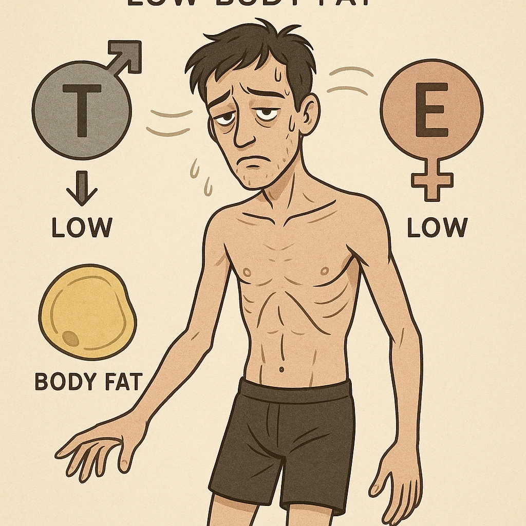 Uomo con squilibri ormonali a causa dei grassi bassi nel corpo e ha testosterone ed estrogeni bassi emoji