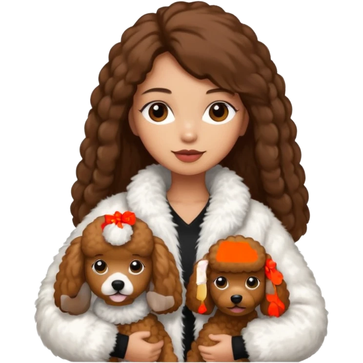 A girl with a long brown straight hair and wearing a fur white jacket holds a brown poodle emoji