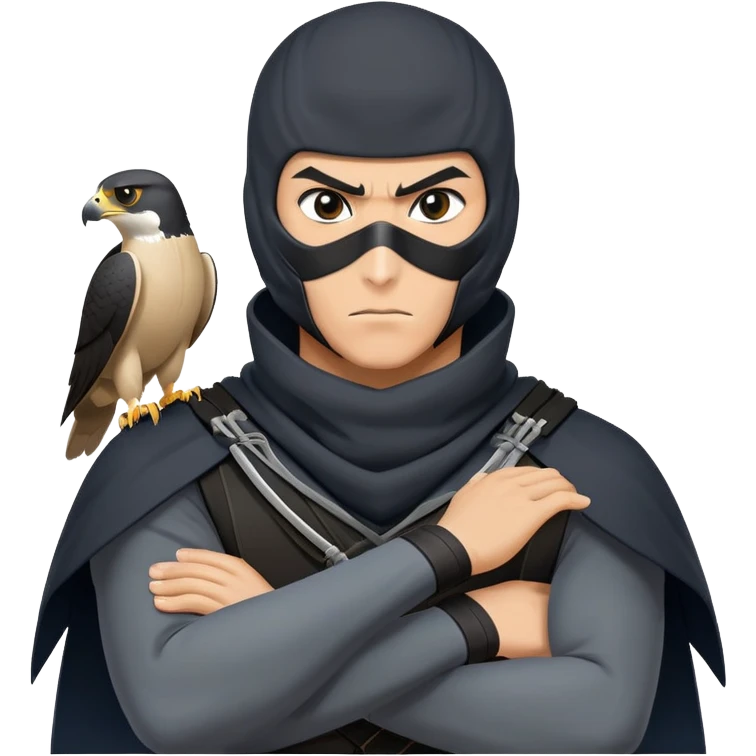 clash-of-clans-aesthetic_-cinematic-mysterious-male-ninja-portrait-emoji, rendered in a flat, vector-style with minimal shading and bold, simplified shapes, with a head slightly turned revealing intense, focused eyes. the ninja has his arm out and perched on top of it is  a peregrin falcon  emoji