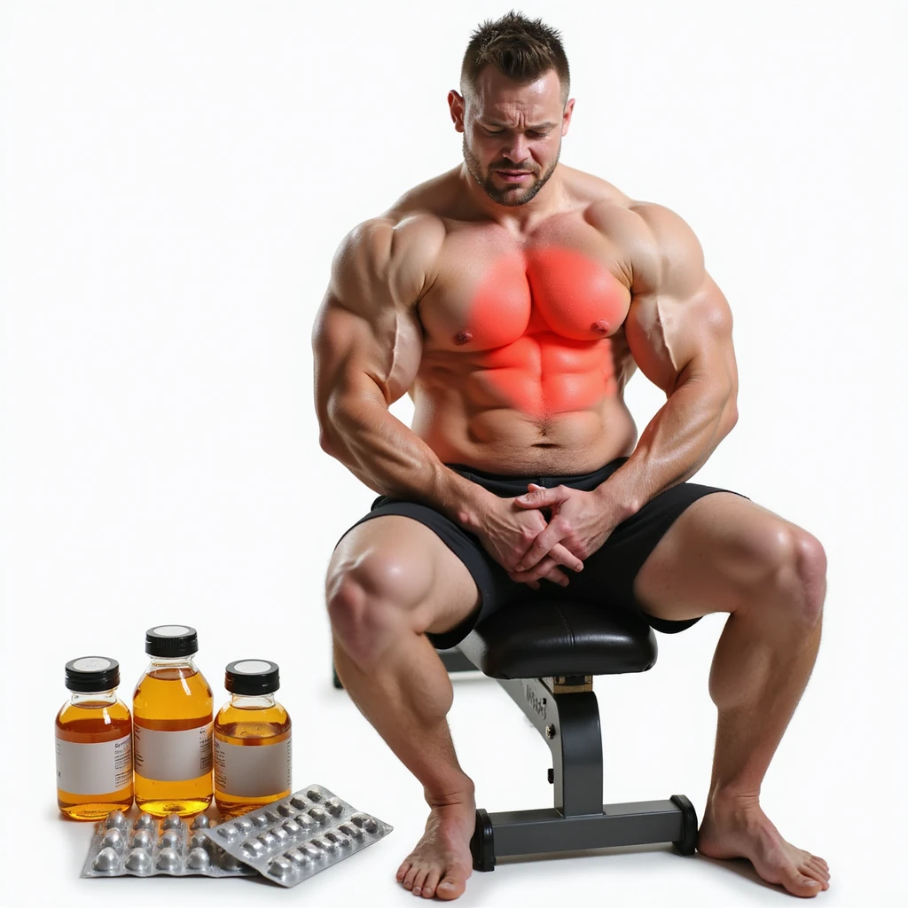 beginner bodybuilder with swollen but undefined muscles, sitting on a bench, with bottles and blister packs of oral steroids beside him, liver area highlighted in red, pained expression, isolated on white background emoji