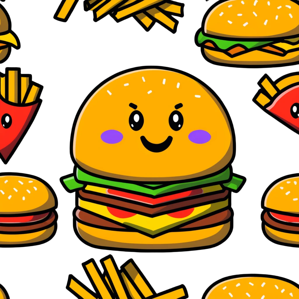 A fun food monster made of burger, pizza, and fries with cartoon eyes and a big smile emoji