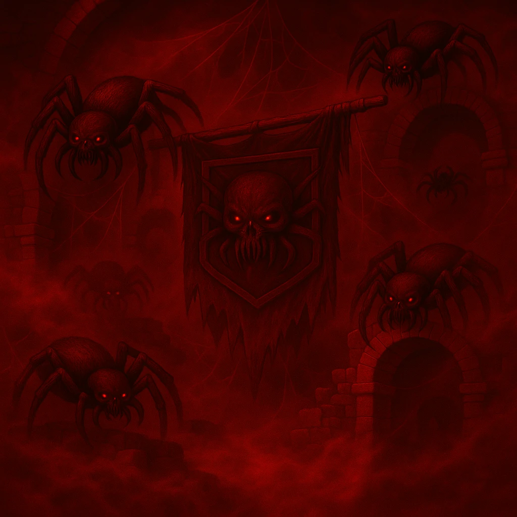 Change the color scheme to red and black with intense red fog and mist, creating an overall red horror palette. Keep all other details unchanged. emoji