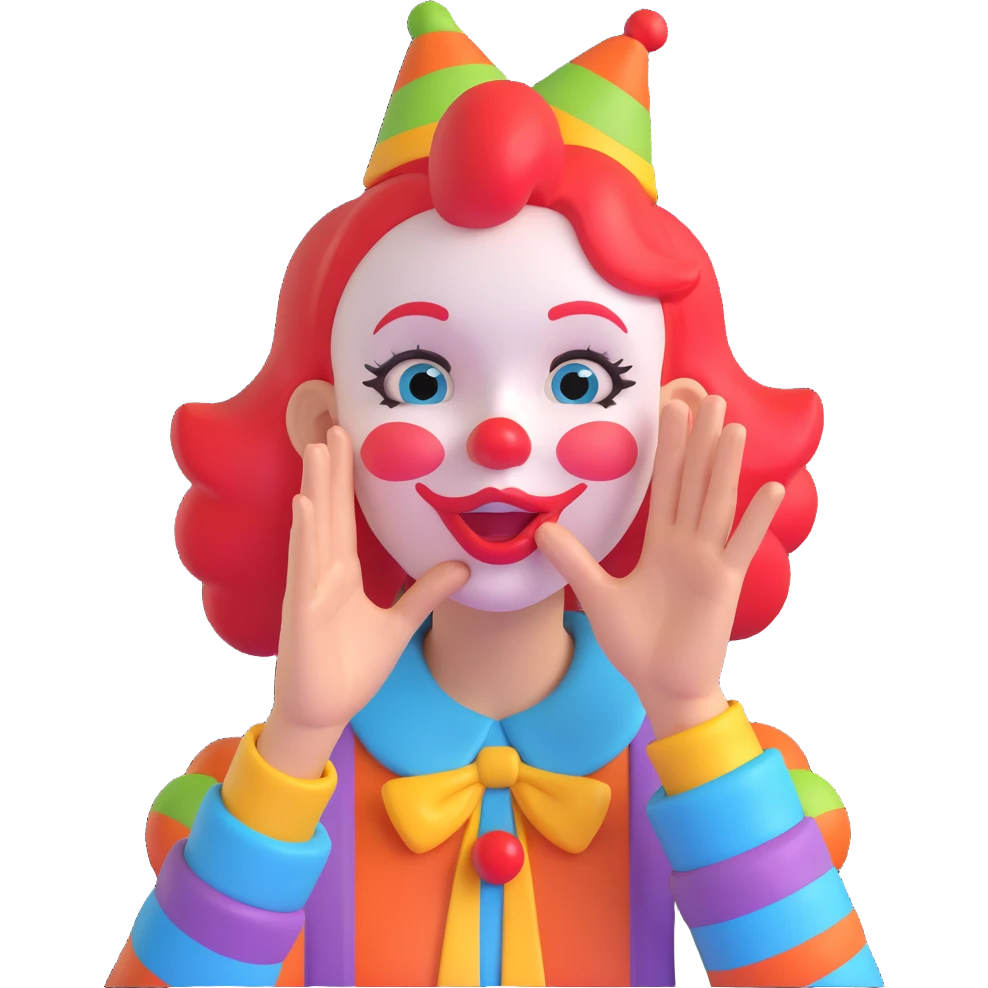 cartoon clown girl, hand raised to her mouth in a secret-sharing gesture, fun and animated style, vivid colors emoji