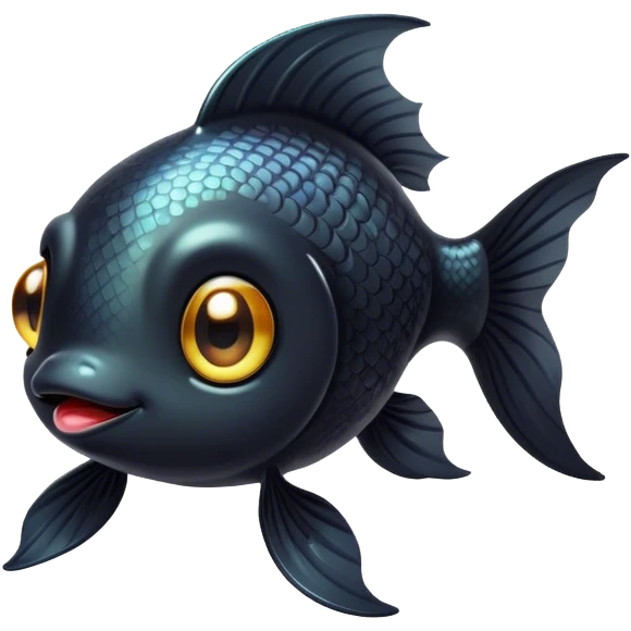 Cinematic Cute Black Goldfish Portrait Emoji, Head tilted playfully and inquisitively, featuring a glossy, deep black body with shimmering scales and round, sparkling golden eyes filled with curiosity, Simplified yet irresistibly adorable features, highly detailed, glowing with a warm, friendly glow, high shine, affectionate and lively, stylized with a touch of whimsy, bright and endearing, soft glowing outline, capturing the essence of a mischievous yet loving goldfish, so playful it feels like it could swim out of the screen and into your heart! emoji