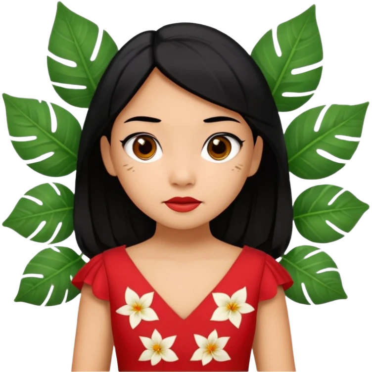 Lilo from Lilo & Stitch as an apple style emoji, simple facial expression, red dress with white leaf pattern, black hair emoji