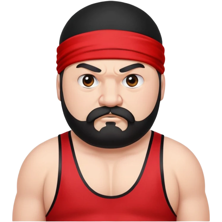 Close-up of extremely fat white skin guy with young face, prominent BLACK DURAG tied clearly on head, distinct black beard and mustache, no muscle, black eyes in a red and black wrestling singlet with angry face emoji