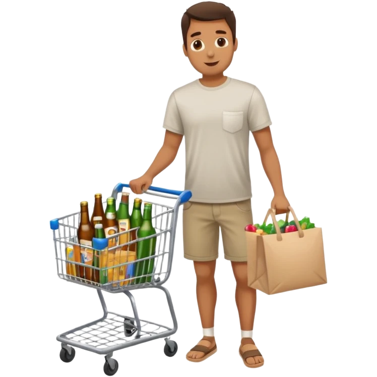 man with a shopping cart full of beers and wines full body emoji