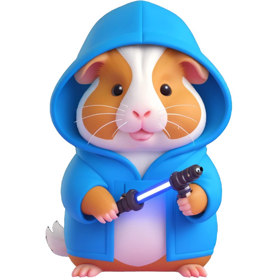 adorable guinea pig as a Jedi master, with a tiny hood and blue lightsaber emoji