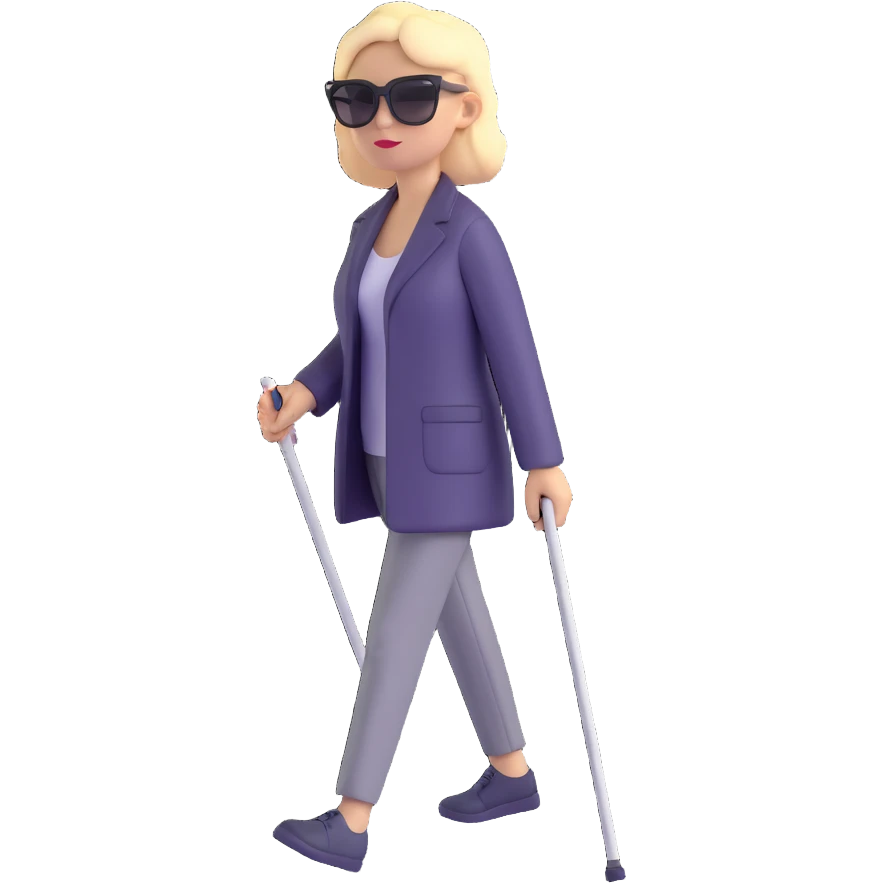 A blind person walking outdoors during the day, holding a single white cane in one hand. The person is wearing sunglasses and walking confidently. Emphasize that there is only one cane emoji