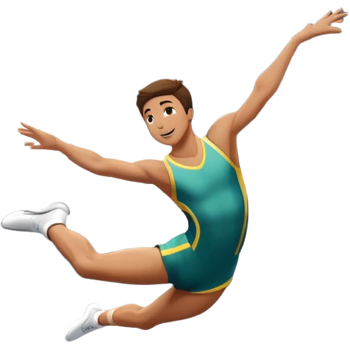 An athletic person soaring high above a trampoline, executing an acrobatic flip with perfect form. The scene captures motion and energy, with a dynamic pose, stretched limbs, and a focused expression. The background suggests a professional trampoline arena with safety padding. emoji