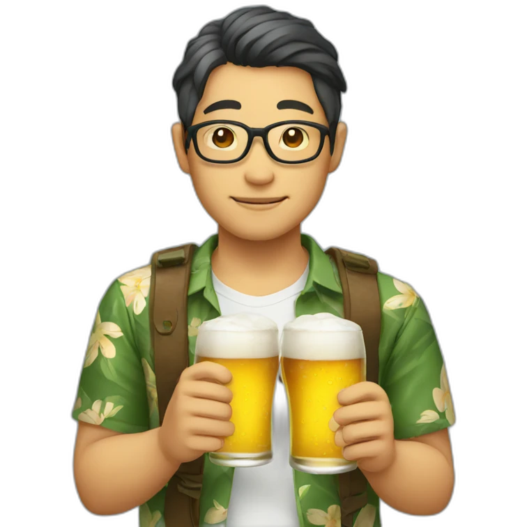 Japanese wearing roundglasses alohashirt is holding beer emoji